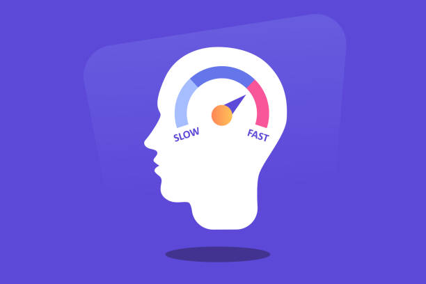 Human heads silhouette with speedometer icon. Growth mindset, potential development, fast self improvement, soft skills training, boost efficiency, fast decision making Flat vector illustration Human heads silhouette with speedometer icon. Growth mindset, potential development, fast self improvement, soft skills training, boost efficiency, fast decision making Flat vector illustration thinking fast and slow stock illustrations