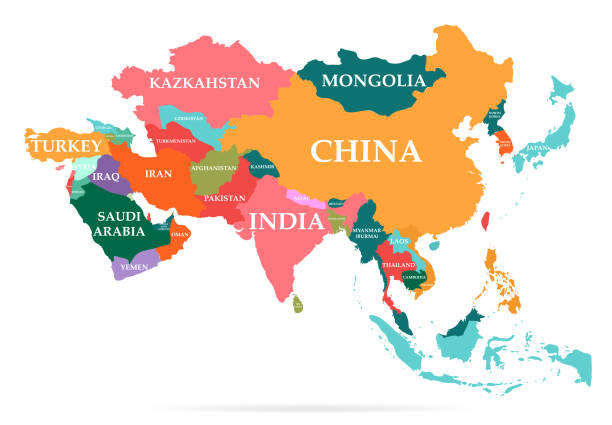 ilustrações, clipart, desenhos animados e ícones de mapa colorido do continente asiático - india map cartoon travel