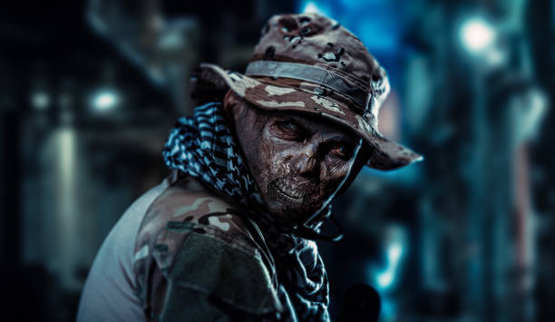 the soldier turned into a zombie is in the city. - apocalypse date imagens e fotografias de stock