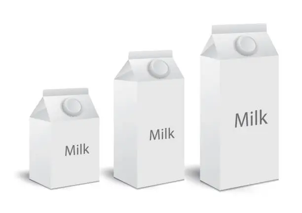 Vector illustration of Milk boxes, Juice boxes set Vector realistic. Mock-up packages. White paper drink packaging 3D. product design