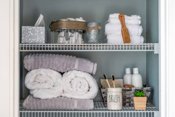 istock Neatly organized bathroom linen closet 1266854077