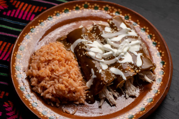 istock Mexican chicken enchiladas with mole sauce and rice on dark background 1266854860