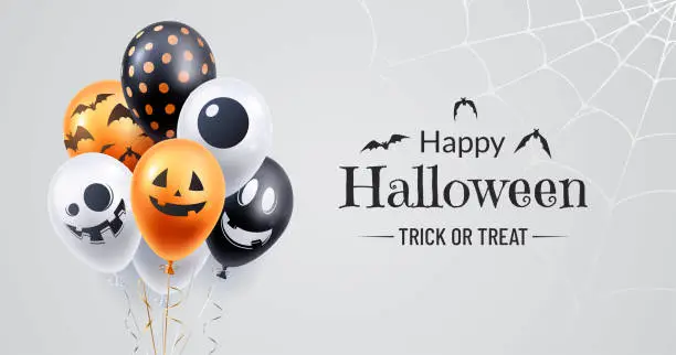 Vector illustration of Happy halloween banner design. Halloween background with a bunch of helium balloons and spooky spiderweb in the corner. Use for party invite, greeting card, sales announcement. Vector illustration.