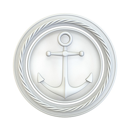 White anchor, circle and rope 3D render illustration isolated on white background