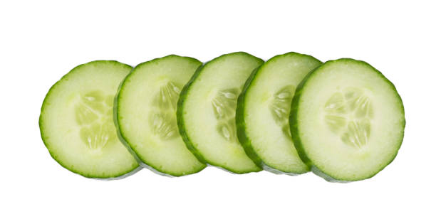 istock Sliced cucumber isolated on a white background. 1266856048