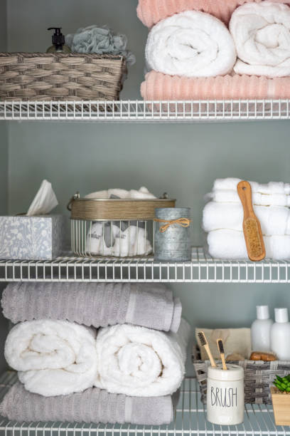 Neatly organized bathroom shelving - home decor