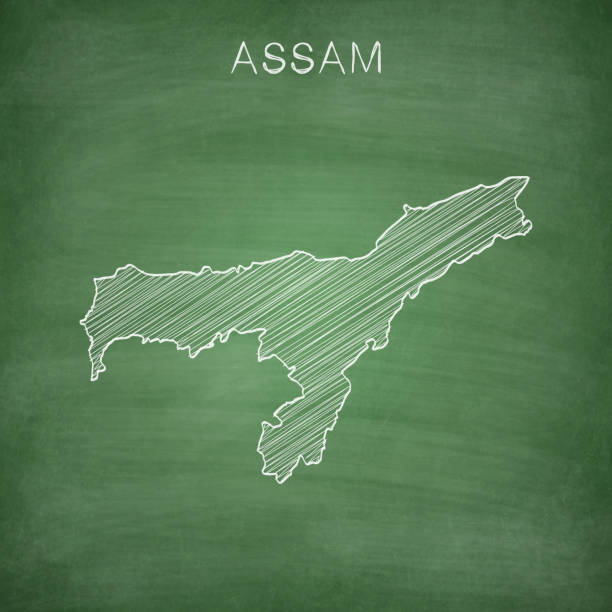 Assam map drawn on chalkboard - Blackboard Map of Assam drawn in chalk on a green chalkboard with chalk traces. Vector Illustration (EPS10, well layered and grouped). Easy to edit, manipulate, resize or colorize. assam stock illustrations