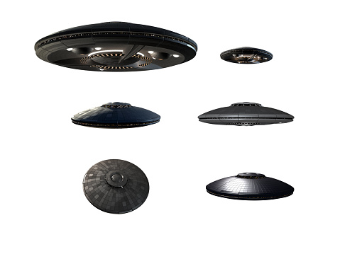 3D illustration of an UFO, unidentified flying object or flying saucer, in perspective adjusted instances, for science fiction artwork or interstellar travel. Clipping path included in the file.