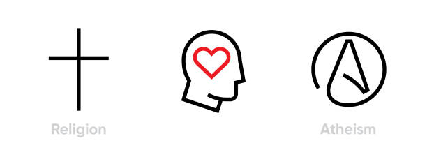 set des christentums, menschliche liebe und atheismus ikonen. bearbeitbarer linienvektor. - heart shape behavior human head hope stock-grafiken, -clipart, -cartoons und -symbole