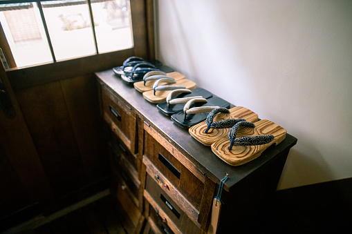 Japanese ‘Zori’ sandal at entrance of traditional Japanese ‘Ryokan’ hotel