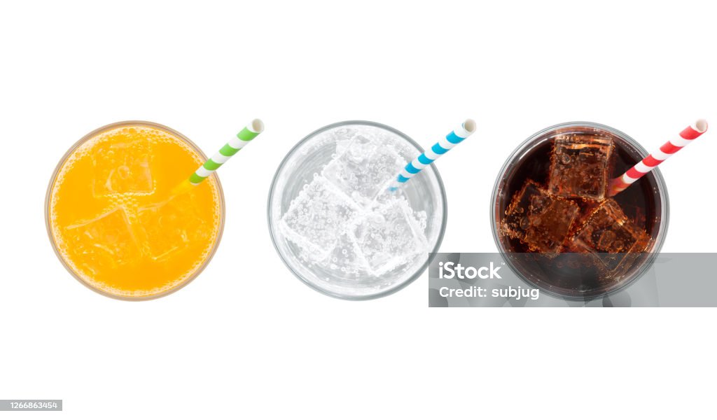 Soda Drinks with straws Top view of glasses of orange soda, lemon lime soda and cola drinks with ice and straws isolated on white High Angle View Stock Photo