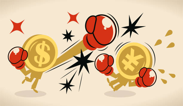 illustrations, cliparts, dessins animés et icônes de guerre commerciale entre la chine et les états-unis; pièce anthropomorphe dollar américain bat jusqu’à la monnaie signe yuan chinois - boxing glove battle business fighting