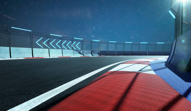 istock Racetrack with railing and neon light arrow sign 1266865712