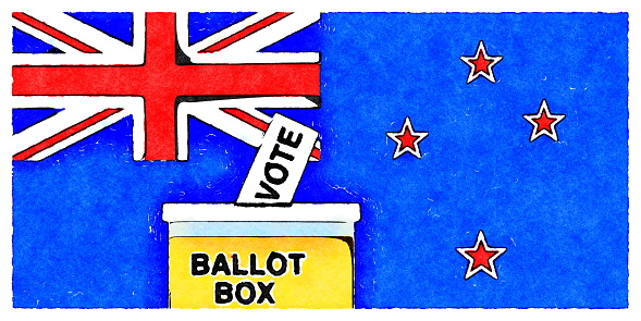 A Ballot Box with the Word VOTE in front of New Zealand Flag for a New Zealand Vote Concept in Watercolour Style.