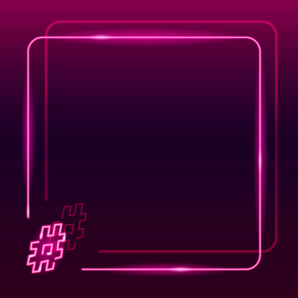 Neon frame with hashtag icon on dark purple gradient background. Square textplace template. Social networks or music concept. Night signboard style. Vector 10 EPS illustration. Neon frame with hashtag icon on dark purple gradient background. Square textplace template. Social networks or music concept. Night signboard style. Vector 10 EPS illustration. octothorp stock illustrations