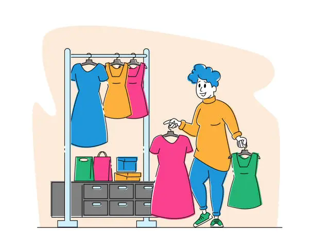 Vector illustration of Young Plus Size Woman Choose Fashioned Dress in Store. Fat Girl Stand near Hanger with Clothes Hold Apparel in Hands