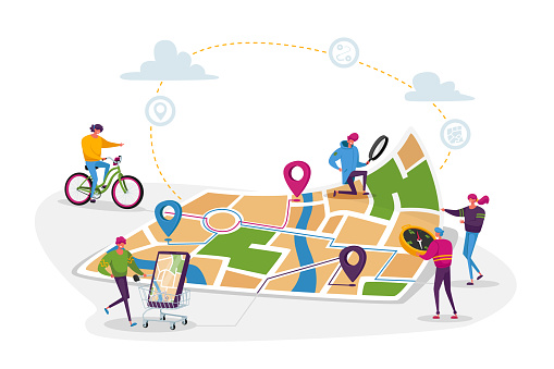 Tiny Characters at Huge Location Map, People Use Online Application on Smartphone with Geolocation App Pins. Possible Routes, Distances, Gps Navigation Positioning Concept Cartoon Vector Illustration