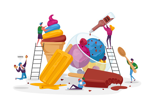 Tiny Characters on Ladders Decorate Ice Cream. Delicious Sweet Dessert, Summer Time Food, Cold Meal. Different Types of Icecream Popsicle, Waffle Cone, Creme Brulee. Cartoon People Vector Illustration