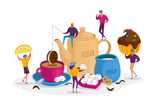 People Drinking Tea, Hot Drinks Party. Tiny Male and Female Characters at Huge Teapot, Cup with Beverage and Milk Jug. Woman Hold Lemon Slice, Man with Cookies. Cartoon People Vector Illustration