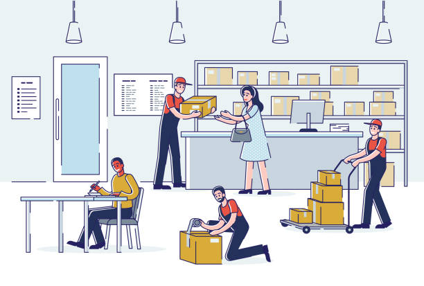 Post Office Interior With People Sending And Receiving Mail And Couriers  Shipping Parcels Stock Illustration - Download Image Now - iStock