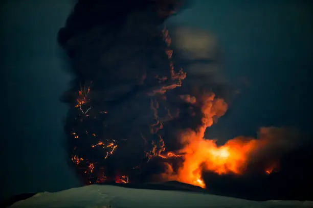 Volcanic lightning in the ashcloud of the erupting volcano under the Eyjafjallajökull icecap in april 2010 on the isle of Iceland.