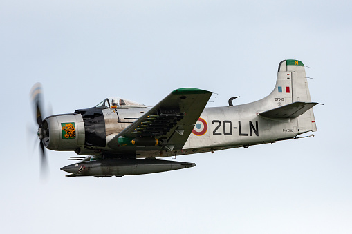 Payerne, Switzerland - August 31, 2014: Former French Air Force Douglas A-1D Skyraider single seat attack aircraft F-AZHK departing Payerne Airport.