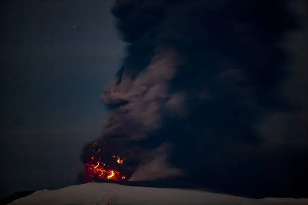Volcanic lightning in the ashcloud of the erupting volcano under the Eyjafjallajökull icecap in april 2010 on the isle of Iceland.