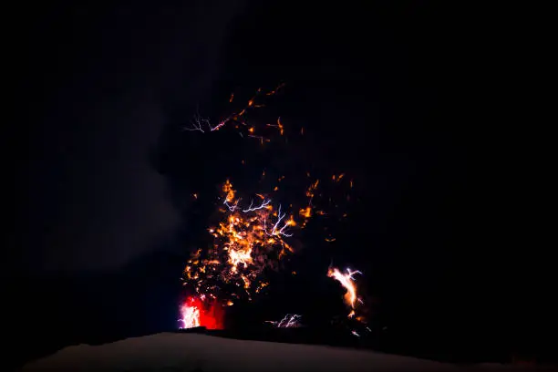 Volcanic lightning in the ashcloud of the erupting volcano under the Eyjafjallajökull icecap in april 2010 on the isle of Iceland.