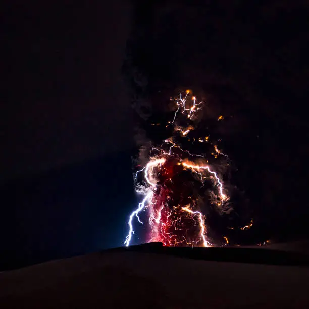 Volcanic lightning in the ashcloud of the erupting volcano under the Eyjafjallajökull icecap in april 2010 on the isle of Iceland.