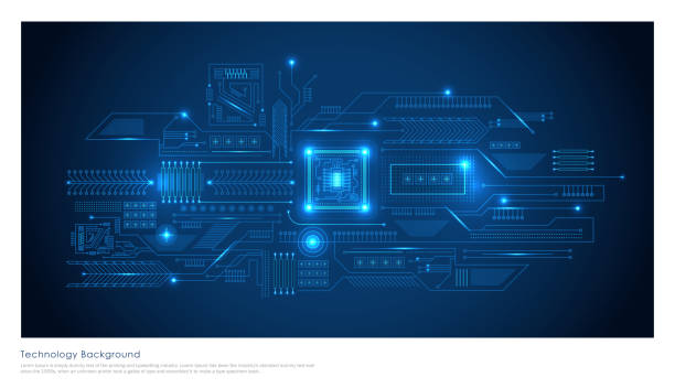 Futuristic microchip processor with lights on the blue background. Futuristic microchip processor with lights on the blue background. Quantum computer, large data processing, database concept. CPU isometric banner. semiconductor stock illustrations