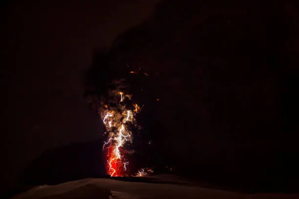 Volcanic lightning in the ashcloud of the erupting volcano under the Eyjafjallajökull icecap in april 2010 on the isle of Iceland.