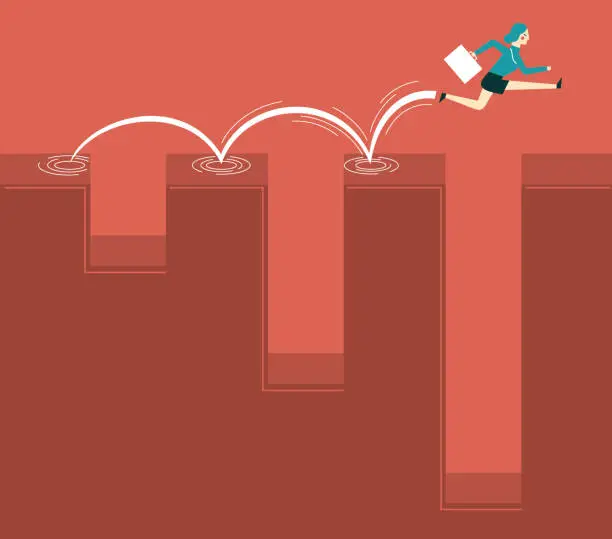 Vector illustration of Businesswoman running jump through the gap