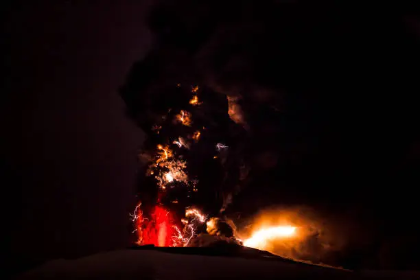 Volcanic lightning in the ashcloud of the erupting volcano under the Eyjafjallajökull icecap in april 2010 on the isle of Iceland.