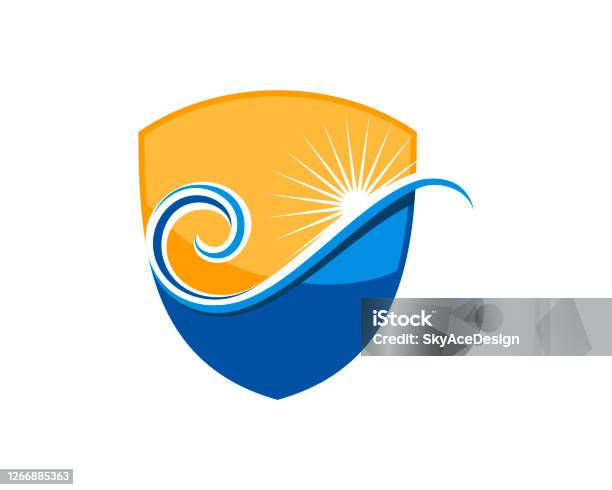 Sun Shield Vector Shield With Wave And Sun Inside Stock Illustration - Download Image Now ...