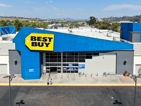 Aerial view of Best Buy multinational electronics store. . San Diego, California, USA, August 16th, 2020