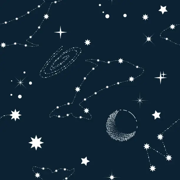 Vector illustration of Seamless pattern with celestial whale, dolphins, moon, stars and constellations. Alchemy night sky.