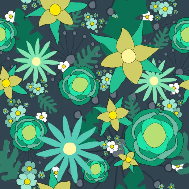 Vector illustration of Green and yellow flowers in a seamless pattern.