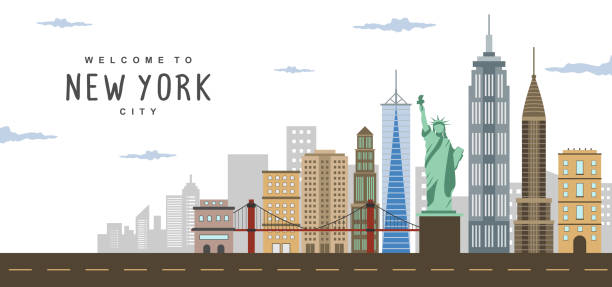 illustrazioni stock, clip art, cartoni animati e icone di tendenza di scena paesaggistica panoramica di new york city con ponte di brooklyn, la statua della libertà e vista grandangolare della lower manhattan. splendida vista sul metropolitano. punti di riferimento di new york city, stati uniti - new york city manhattan built structure urban scene