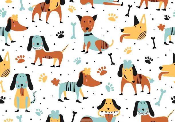 Vector illustration of Cute dogs. Childish animal seamless pattern cartoon vector illustration. Can be used as a background, nursery wallpaper, wrapping paper, textile, fabric, kids apparel and for other design