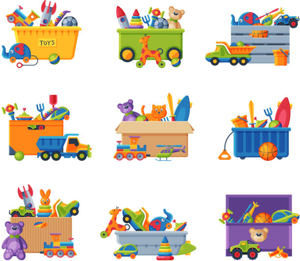 ilustrações de stock, clip art, desenhos animados e ícones de collection of boxes with various colorful toys, plastic and cardboard containers with baby playthings flat vector illustration - brinquedo