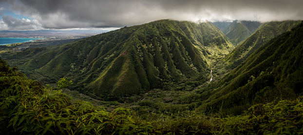 Panoramic view from Waihee Ridge Trail, over looking Kahului and Haleakala and looking up the valley to the West Maui Mountains, Hawaii