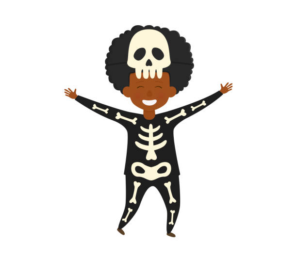 illustrazioni stock, clip art, cartoni animati e icone di tendenza di personaggio ragazzo di halloween in costume di scheletro. - animal skeleton illustrations