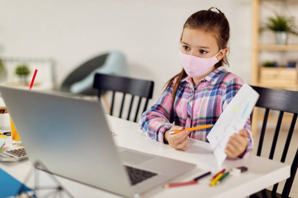 istock Schoolgirl with face mask having online video class at home during coronavirus lockdown. 1266902455