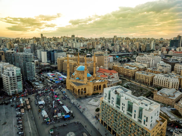 Aerial drone view of Beirut, the capital of Lebanon Aerial drone view of Beirut, the capital of Lebanon with al- Amine Mosque and 17 October revolution protests martyr stock pictures, royalty-free photos & images