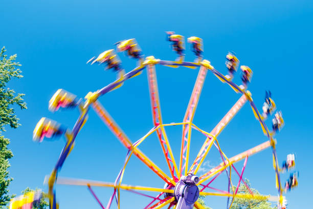 istock Extreme ride in motion in amusement park at sunny day 1266904313