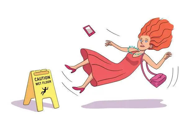 Vector illustration of Scared woman falling near Caution wet floor yellow sign