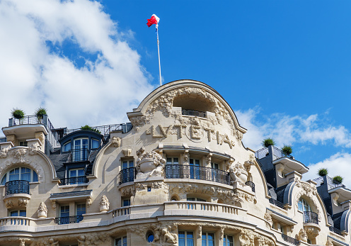 Paris, France - August 16 2020: Facade of famous 5 star Hotel Lutetia in Saint Germain district.