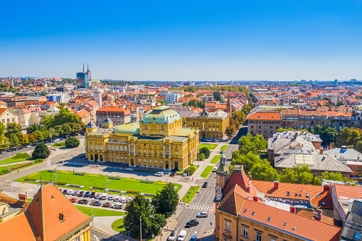 Croatia, city Zagreb, monumental national theater, tourist destination, aerial view of city center from drone