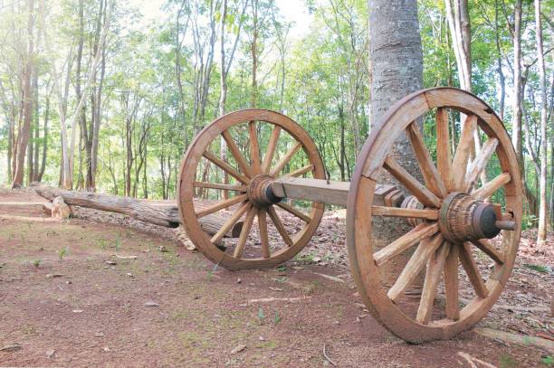 Vintage wooden wheels with axis set that parking on soil ground under the tree