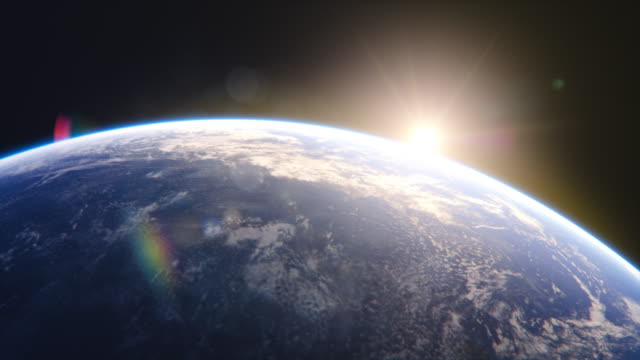 Breathtaking View of the Planet. Rising Sun Illuminates Our Blue Planet's Clouds, Oceans and Peaceful Cities. Scientifically Accurate 3D Graphical Animation